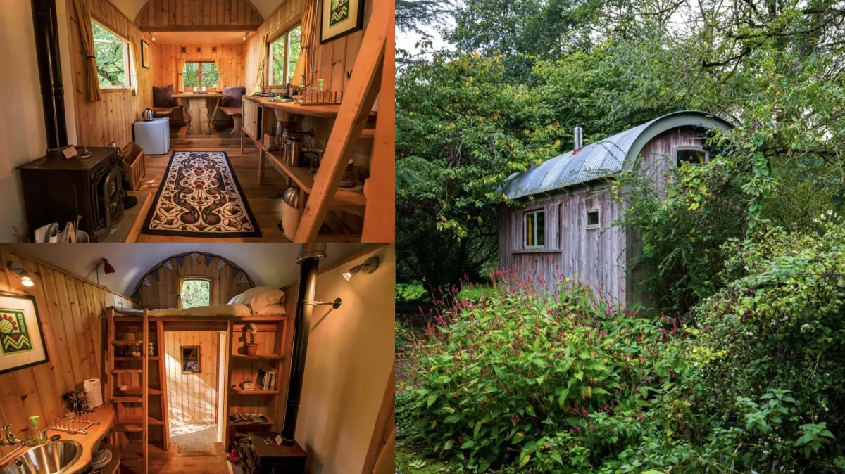 Inside the Waggon, with its double bed and wood burner