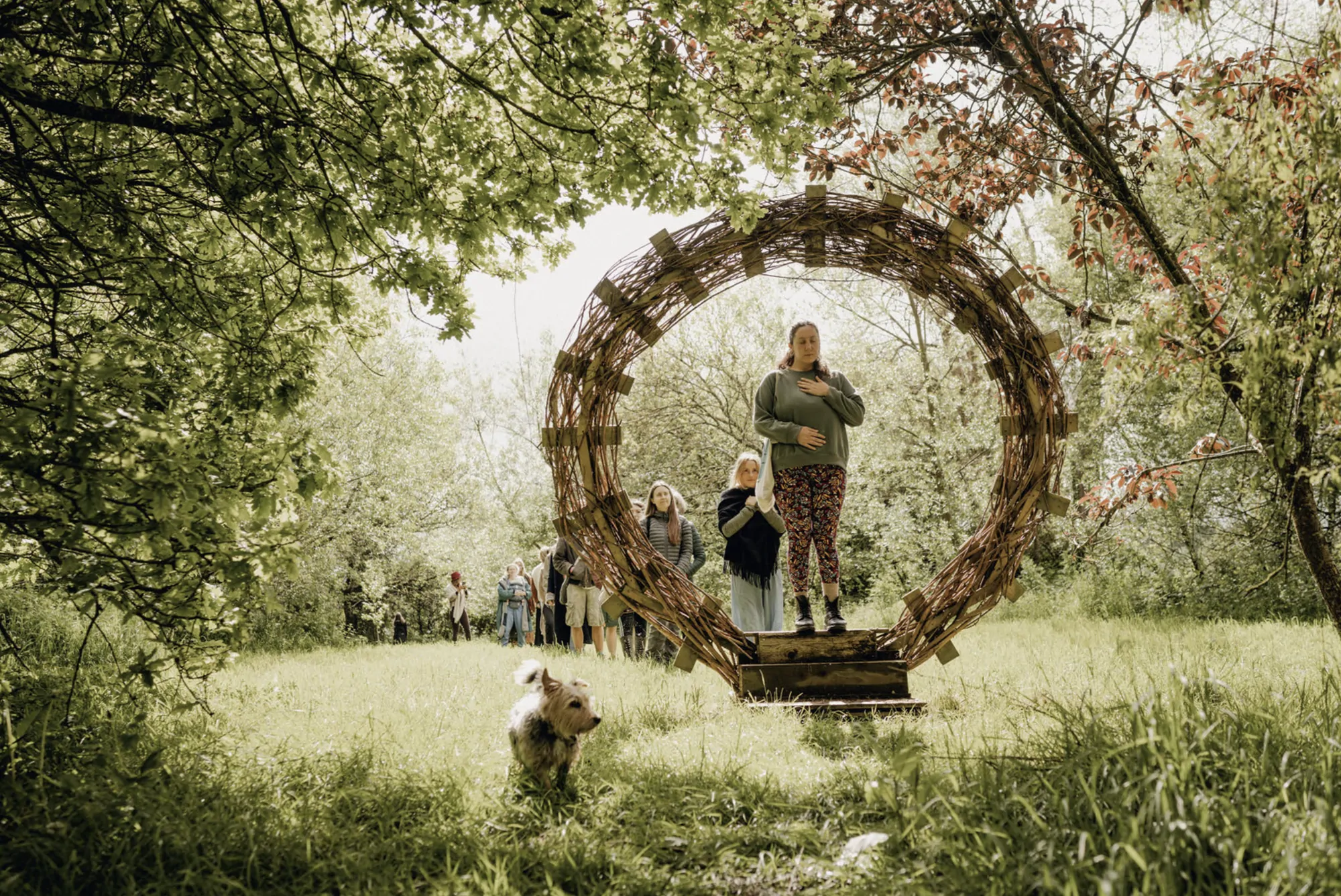 A visitor standing inside the enchanted portal, a woven circular sculpture in the woods