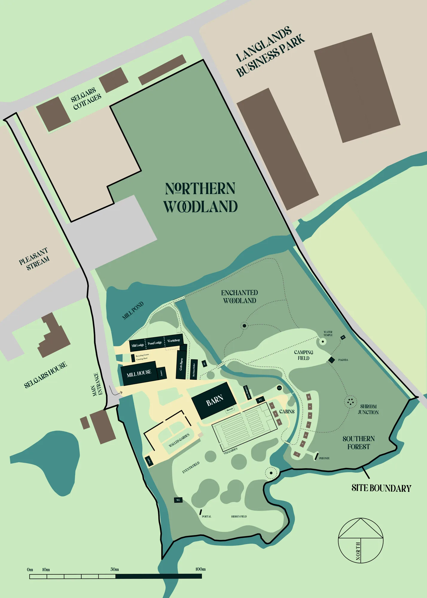 Illustrated map of the Selgars estate showing the buildings, fields, woodland and water