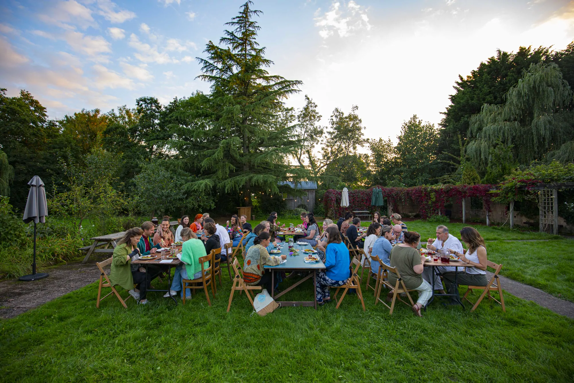 A long outdoor dinner table with guests eating together