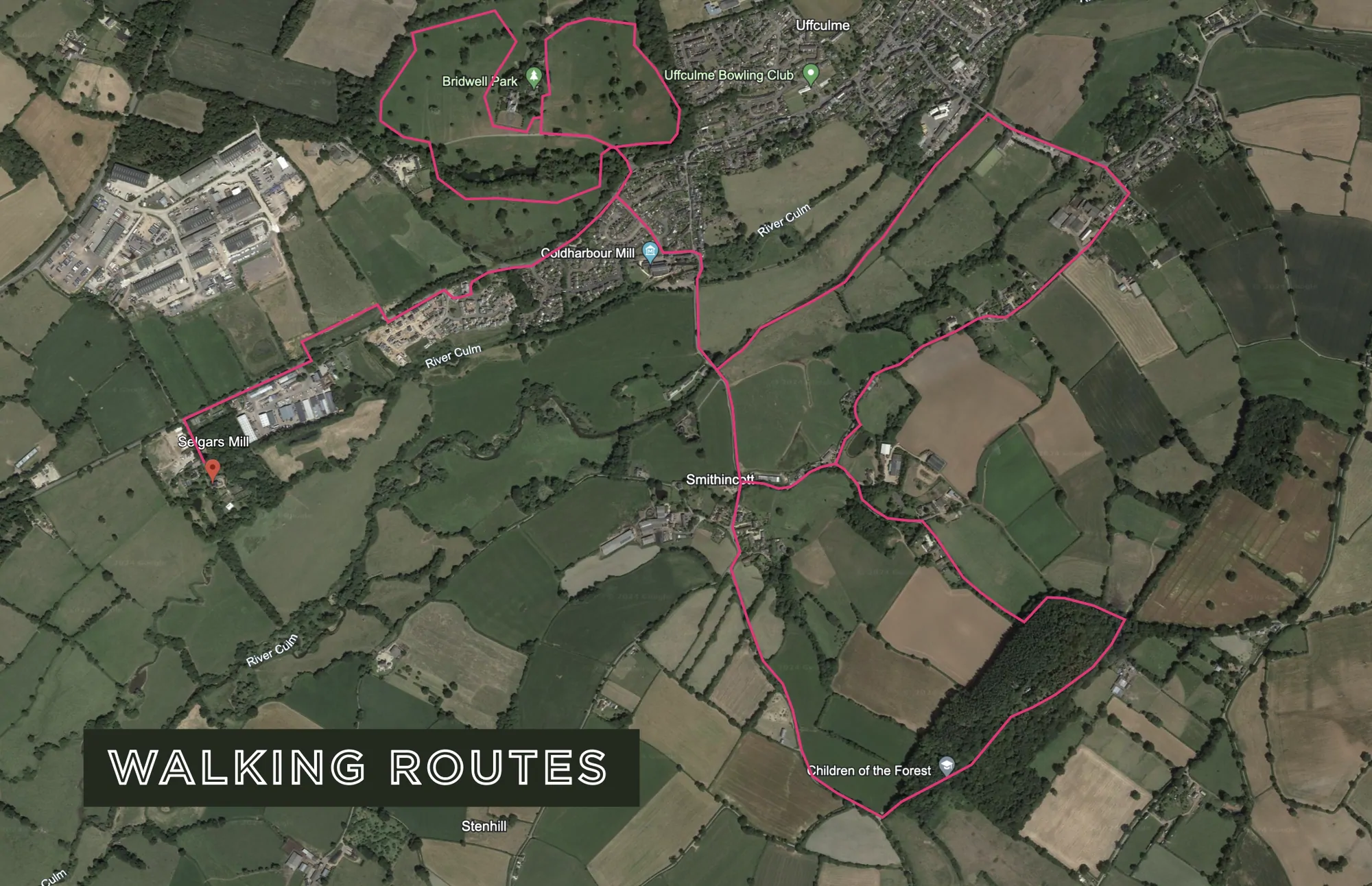 Hand-drawn map of the walking routes around Selgars Mill