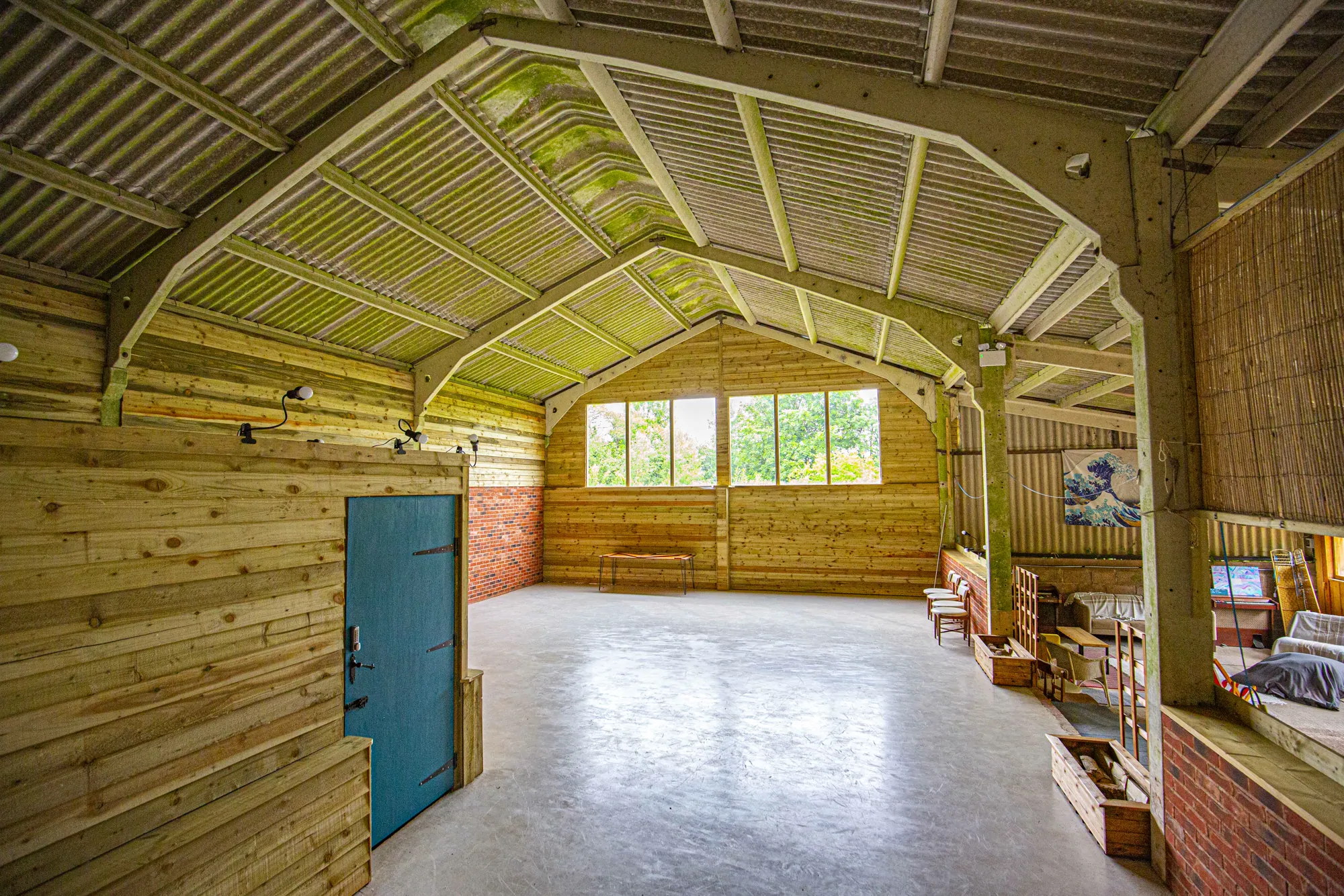 The barn now, lined and lit and ready for a gathering
