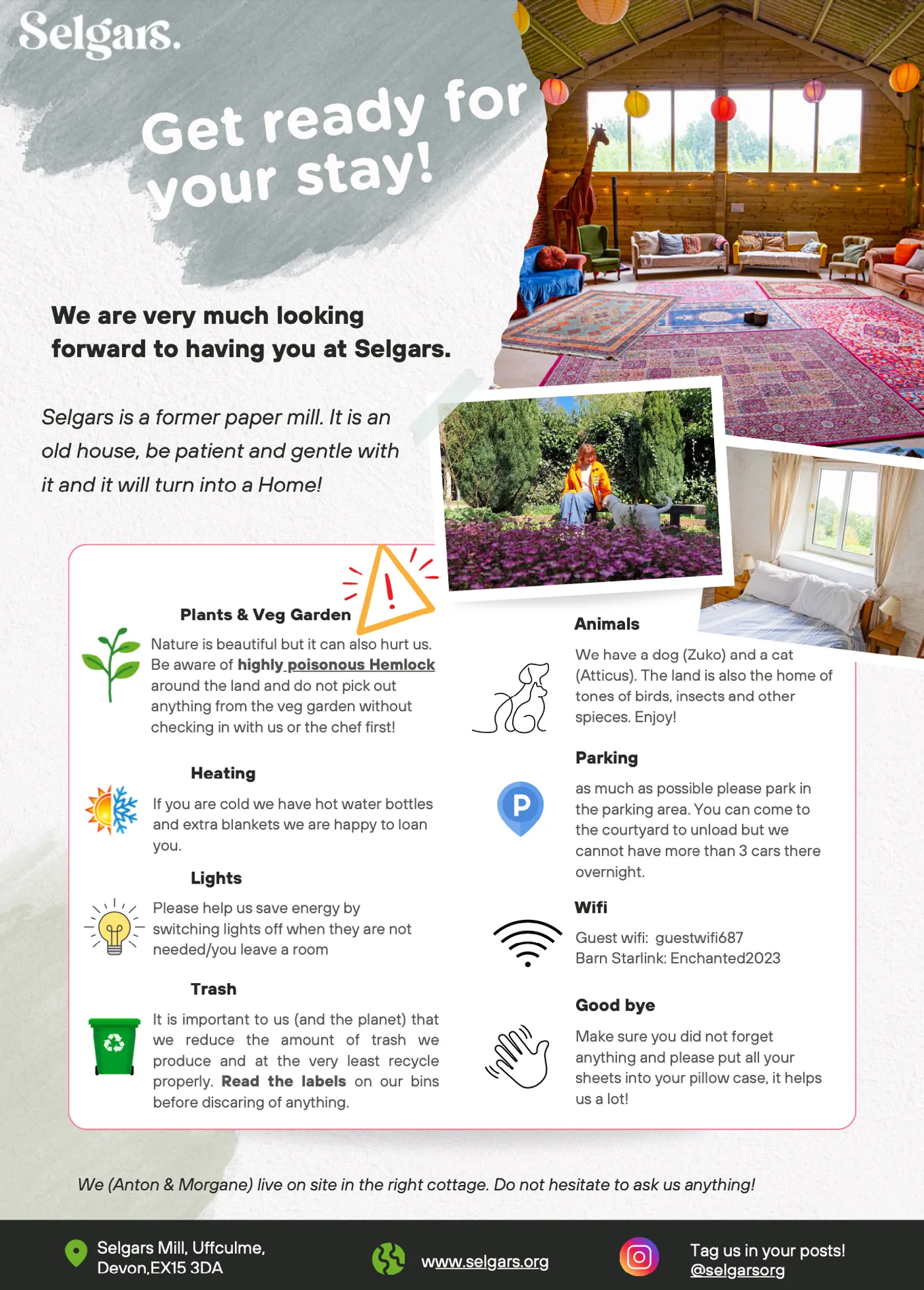 The Selgars check-in sheet: the same notes set out as a one-page flyer